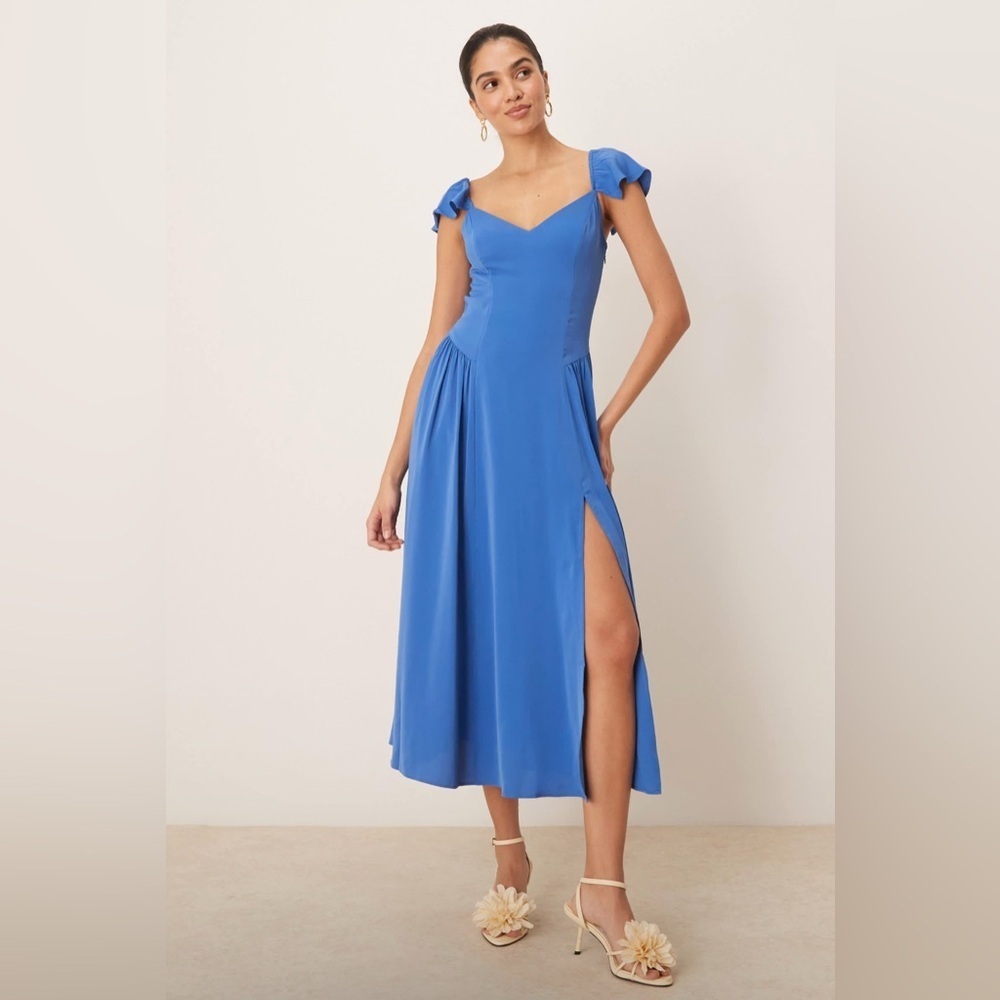 NWT Abercrombie & Fitch Blue Flutter Sleeve Dipped Waist Midi Dress, Size S
